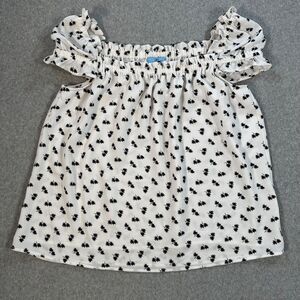 CeCe Black White Floral Print Cap Sleeve Blouse Women's Small Square Ruffle Neck